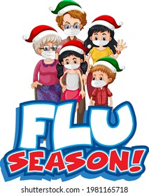 Flu Season Font Design With Family Wearing Medical Mask Isolated On White Background Illustration