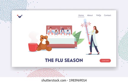 Flu Season Landing Page Template. Ill Family Characters Sit In Bed With Fever, Sneezing With Runny Nose. Contagious Viral Disease Symptoms. Diseased People Suffer Of Cold. Cartoon Vector Illustration