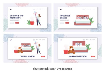 Flu Season Landing Page Template Set. Family Characters Sit In Bed With Fever, Sneezing With Runny Nose. Contagious Viral Disease Symptoms. Diseased People Suffer Of Cold. Cartoon Vector Illustration