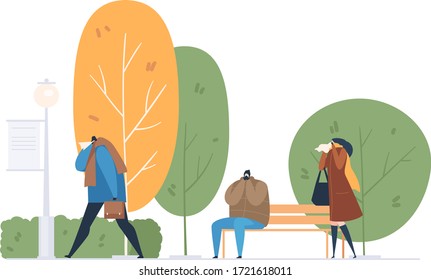 Flu season outdoor character, vector illustration. Virus epidemic, immunity people disease. Flat woman man walking with cold illness, sneeze and cough. Cartoon pandemic lifestyle activity.