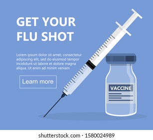 Flu shot concept om the blue background. Time to vaccinate.  Get your flu shot. Syringe with vaccine bottle. Immunization vector illustration for website, apps, poster, banner.