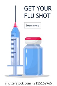 Grippe-Shotkonzept auf blauem Hintergrund. Zeit für Impfungen.  Erhalten Sie einen Grippeschuss. Spritze mit Impfstoffflasche. Immunisierung, Vektorgrafik für Website, Apps, Poster, Banner.