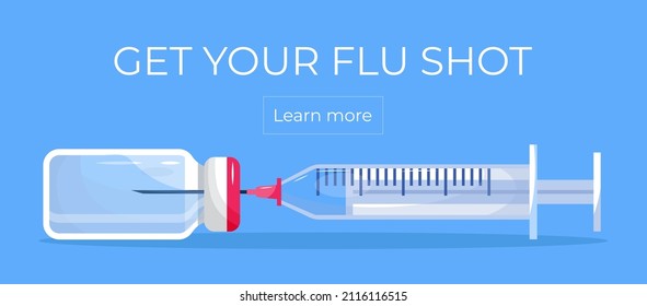 El concepto de disparo de gripe en el fondo azul. Es hora de vacunar.  Recibe tu vacuna contra la gripe. Jeringa con frasco de vacuna. Ilustración vectorial de inmunización para sitios web, aplicaciones, afiches, banner.