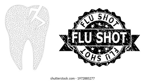 Flu Shot corroded stamp seal and vector tooth fracture mesh structure. Black stamp seal includes Flu Shot caption inside ribbon and rosette. Abstract 2d mesh tooth fracture,