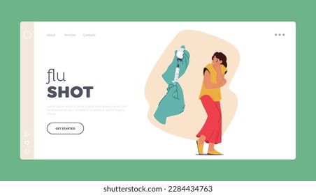 Flu Shot Landing Page Template. Young Woman Character Shows Signs Of Fear And Apprehension While Anticipating An Injection. Concept for Health Care Or Anxiety. Cartoon People Vector Illustration