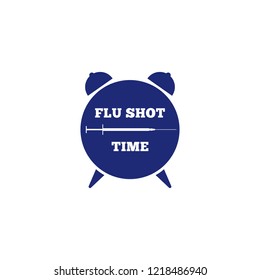Flu shot sticker, vector illustration, flat silhouette of clock, old alarm clock, syringe with medicine
