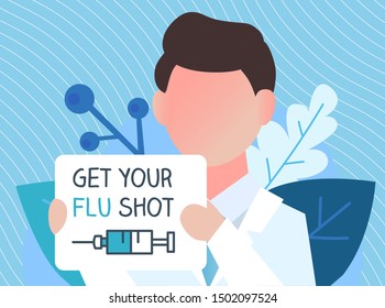 Flu shot vaccine banner. With doctor syringe needle injection icon. For medical website. Vaccination sign design. Man holding blank board. Inoculation influenza prevention vector poster illustration