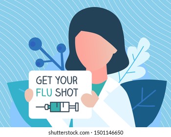 Flu shot vaccine banner. With nurse syringe needle injection icon. For medical website. Vaccination sign design. Woman holding blank board. Inoculation influenza prevention vector poster illustration