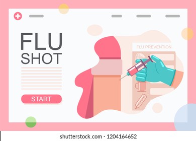 Flu Shot Vector Flat Illustration Of Doctor Hand With A Syringe Making Injection A Patient Vaccine On Arm. Medical Infographic.