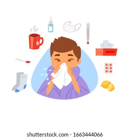 Flu and sick boy with handkerchief in hand and medicine for influenza infographics cartoon vector illustration. Season cold flu or allergy medical treatment items for desease and fever. Virus