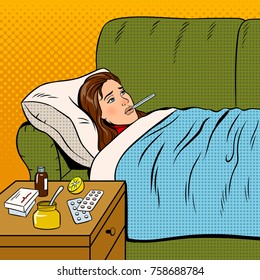 Flu sick girl in bed pop art retro vector illustration. Disease image. Comic book style imitation.