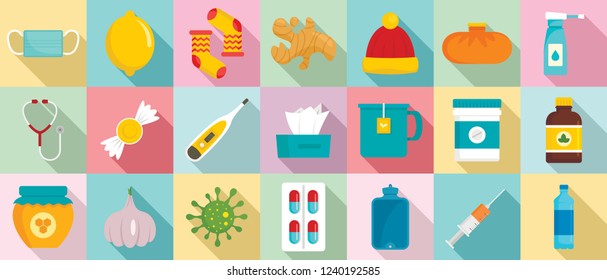 Flu sick icon set. Flat set of flu sick vector icons for web design