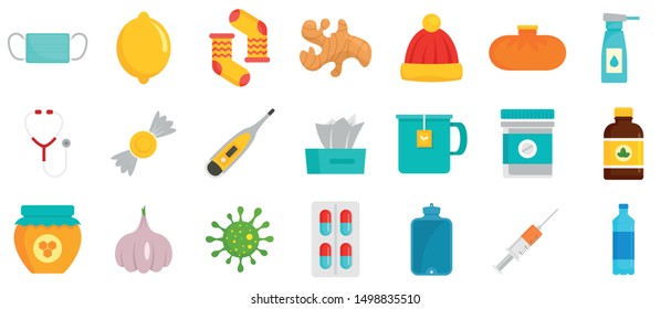 Flu Sick Icon Set. Flat Set Of Flu Sick Vector Icons For Web Design