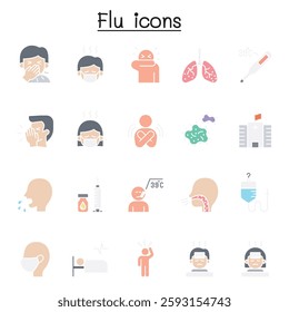 Flu, sick and illness icon set in flat color style