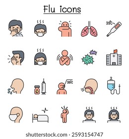 Flu, sick and illness icon set in color line style