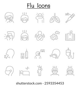 Flu, sick and illness icon set in thin line style