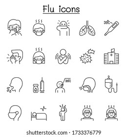 Flu, sick & illness icons set in thin line style