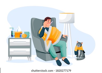 Flu sick man sitting on arm-achair under plaid and measures temperature. Young guy and cat have autumn or winter seasonal cold respiratory infection disease. Vector flat cartoon illustration