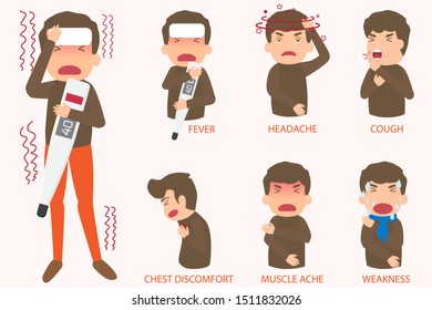 Flu sick symptoms elements. Influenza symptoms infographic. Flat style vector illustration. man that have flu symptoms.