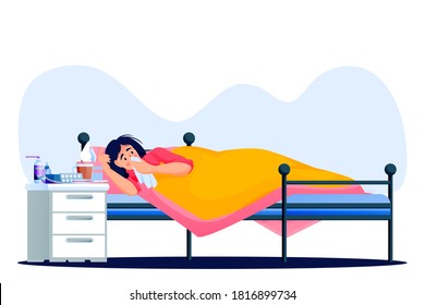 Flu sick woman lying in bed under blanket. Young girl have autumn or winter seasonal cold respiratory infection disease. Vector flat cartoon characters illustration