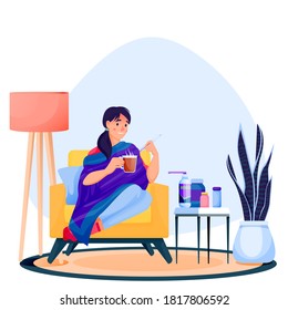 Flu sick woman sitting on arm-achair under plaid, drinks hot tea and measures temperature. Girl have autumn or winter seasonal cold respiratory infection disease. Vector flat cartoon illustration