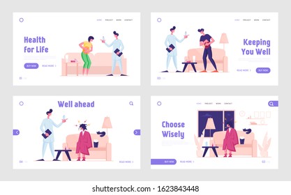 Flu Sickness and Abdominal Ache Website Landing Page Set. Gastrointestinal Indigestion Symptom. Doctor Visit Patient at Home Give Medicine Treatment Web Page Banner. Cartoon Flat Vector Illustration