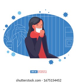 Grippekrankheit nach dem Konzept des Corona-Virus. Kranke Person, die erkältet ist. Ich werde Kopfschmerzen haben. Grippeerkranker Flaches Design-Vektorillustration-Illustration