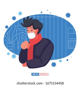Flu sickness by corona virus concept. Sick person having cold. Ill man headache. Flu illness person. Flat design vector illustration