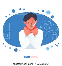 Flu sickness by corona virus concept. Sick person having cold. Ill man headache. Flu illness person. Flat design vector illustration