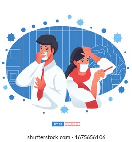 Grippekrankheit nach dem Konzept des Corona-Virus. Kranke Person, die erkältet ist. Ich werde Kopfschmerzen haben. Grippeerkranker Flaches Design-Vektorillustration-Illustration