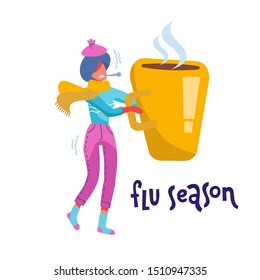 Flu and Sickness Concept with Sick Person Having Cold. Ill ypung woman with Warm scarf Holding Huge Mug with Hot Drink. Medicine Disease Illness. Cartoon Flat hand drawn Vector Illustration