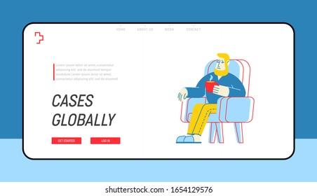 Landing Page von Grippe und Krankheit. Kranke Person hat kalte Sit im Sessel trinken Hot Beverage. Behandlung von Krankheitskrankheiten, Website-Banner zur Gesundheitsfürsorge. Cartoon Flache Vektorillustration Illustration, Line Art