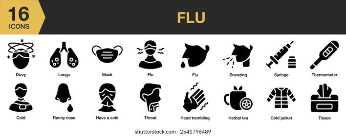 Conjunto de ícone sólido de gripe. Inclui jaqueta fria, tontura, tremor das mãos, chá de ervas, pulmões e muito mais. Coleção vetorial de ícones sólidos.