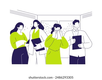 Flu spread abstract concept vector illustration. Woman coughing in presence of other people, sneeze into a napkin, influenza spread, infectious disease, contagious sickness abstract metaphor.