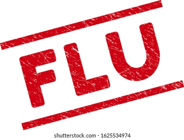 Flu stamp seal. Red vector grunge seal stamp with Flu title between parallel lines. Designed for rubber imitations with corroded rubber texture.