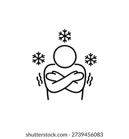 Flu symptom icon person shivering with cold black and white influenza line vector illustration