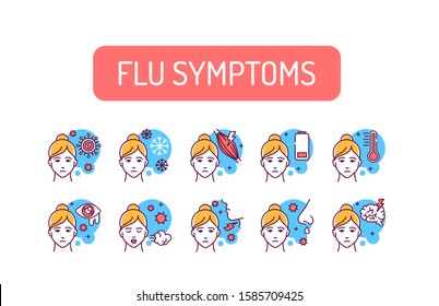 Flu Symptoms Color Line Icons Set. Viral Diseases, Colds. Pictogram For Web Page, Mobile App, Promo. UI/UX/GUI Design Element. Editable Stroke