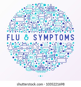 Flu and symptoms concept in circle thin line icons: temperature, chills, heat, runny nose, bed rest, pills, doctor with stethoscope, nasal drops, cough, phlegm in the lungs. Vector illustration.