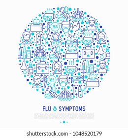 Flu and symptoms concept in circle thin line icons: temperature, chills, heat, runny nose, bed rest, pills, doctor with stethoscope, nasal drops, cough, phlegm in the lungs. Vector illustration.