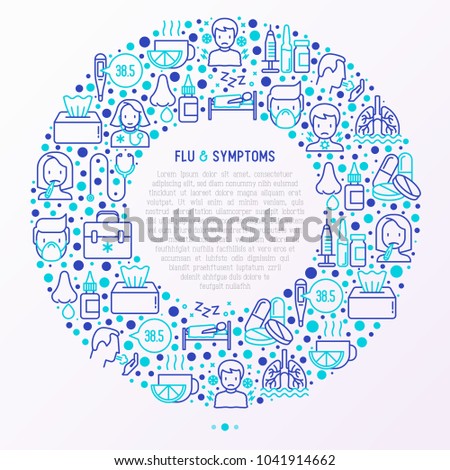 Flu and symptoms concept in circle thin line icons: temperature, chills, heat, runny nose, doctor with stethoscope, nasal drops, cough, phlegm in the lungs. Vector illustration for medical report.