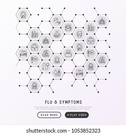 Flu and symptoms concept in honeycombs thin line icons: temperature, chills, heat, runny nose, doctor with stethoscope, nasal drops, cough, phlegm in the lungs. Modern vector illustration.