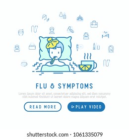 Flu and symptoms concept: man with temperature and chills in bed, tea with lemon nearby. Modern vector illustration, web page template.