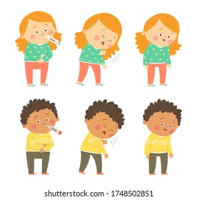 Flu symptoms fever, cough, tiredness. Cute african american boy and caucasian girl. Cartoon vector hand drawn eps 10 illustration isolated on white background in a flat style.