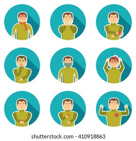 Flu symptoms icon set with ailing man and his state of health when sickness vector illustration