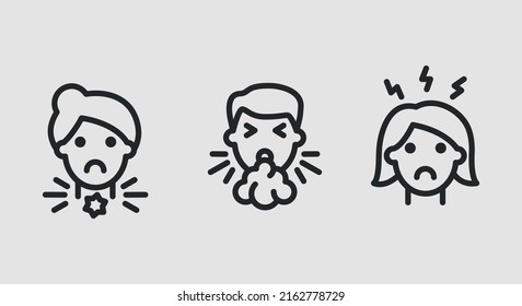 Flu symptoms icons. Sore throat, cough and headache icons isolated on grey background. Icons for web design, app interface. Vector illustration