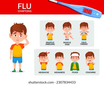 Flu symptoms. Influenza disease medical poster with sick child filling muscle pain, headache, fever and weakness. Influenza symptoms infographics or vector brochure with ill little boy character