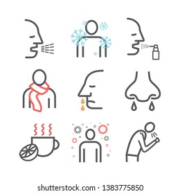 Flu Symptoms. Influenza. Treatment. Line icons set.