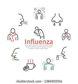 Flu Symptoms. Influenza. Treatment. Line icons set.