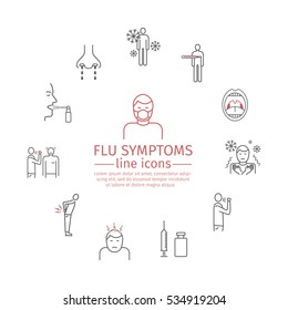 Flu Symptoms. Influenza. Treatment. Web Banner. Line Icons Set. Vector Signs For Web Graphics.