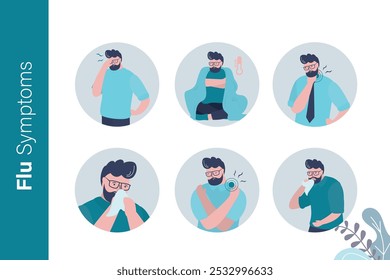 Sintomas de gripe, infográfico, modelo de banner horizontal. Conceito de banner médico. Cara doente com ranho, espirros e tosse. Personagem masculino com sintomas de gripe. ilustração vetor plana